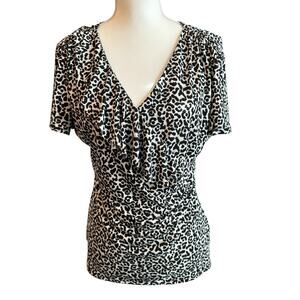 WHITE HOUSE BLACK MARKET Top Womens M Leopard Print Ruffle Knit Animal Boho